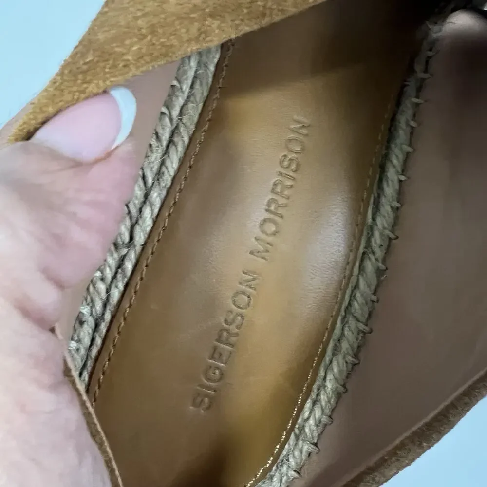 Sigerson Morrison Atifa Espadrille Wedge Sandals Suede Leather Size 7 CamelBrown
